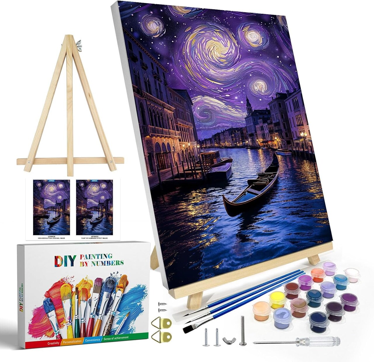 Paint by Numbers Kit for Adults with Frame, Starry Night Paint by Numbers with Easel, DIY Town River Boat Paint by Numbers Landscape for Home Wall Decor